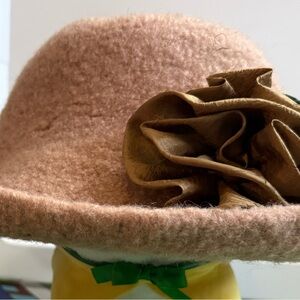 Elegant Tan felt Hat with Brown Silk Flower Accent